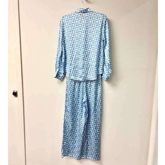 Lisa Says Gah Bailey Button Down Shirt & Wide Leg Pants Sleepwear Set Blue XS - Picture 4 of 8